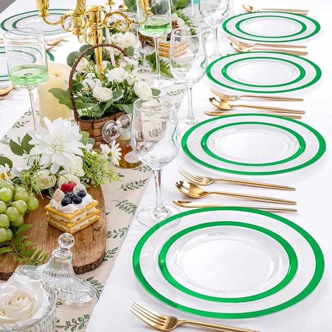 U-QE 120PCS Clear Green Plastic Plates - Clear Plastic Plate Disposable Heavy Duty- Include 60 10" Dinner and 60 7" Dessert Plates, Perfect for Party, Wedding