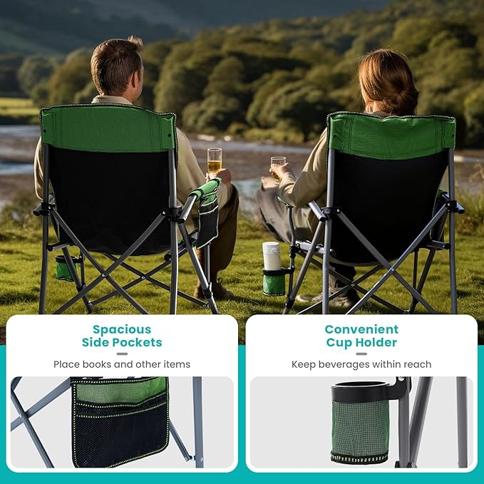 Folding Camping Chair Portable Outdoor Beach Chair, Heavy Duty Foldable Lawn chair Support 330lbs, Collapsible Lightweight Camp Chair with Cup Holder&Carry Bag for Fishing Outside Sports Picnic(Green)