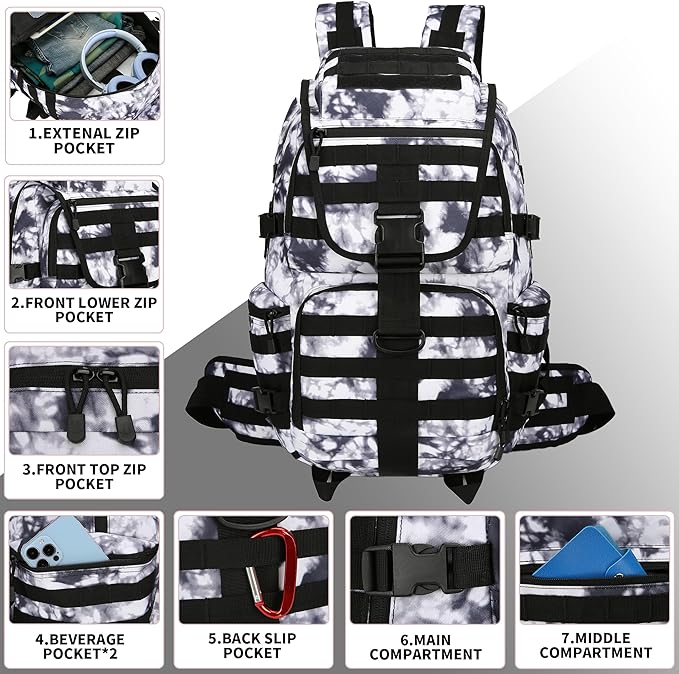 50L Military Tactical Backpack Hiking Waterproof Backpack Large Military Pack 3 Day Assault Pack Molle Bag Rucksack (White Camo)