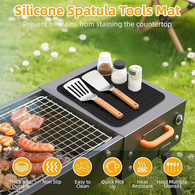 Silicone Grill Mat for Blackstone, Silicone Side Shelf Tool Mat, Outdoor BBQ Spatula Mat, with Drip Pad Kitchen Countertop Heat Resistant Mat, Griddle Accessories (Black)