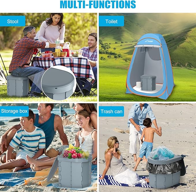 Portable Camping Toilet, Folding Toilet for Adults with Lid and Retractable Toilet Paper Holder, Waterproof Porta Potty with Carry Bag and Disposible Liners for Hiking, RV Travel, Road Trips,Dark Gray
