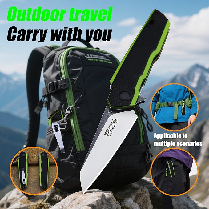 7.8in Folding Pocket Knife with D2 Steel Blade, G10 Handle, Ball Bearing Pivot, Stonewashed Finish – Outdoor EDC Utility Tool for Camping, Hiking, Survival Use(G10 - Black/Green)
