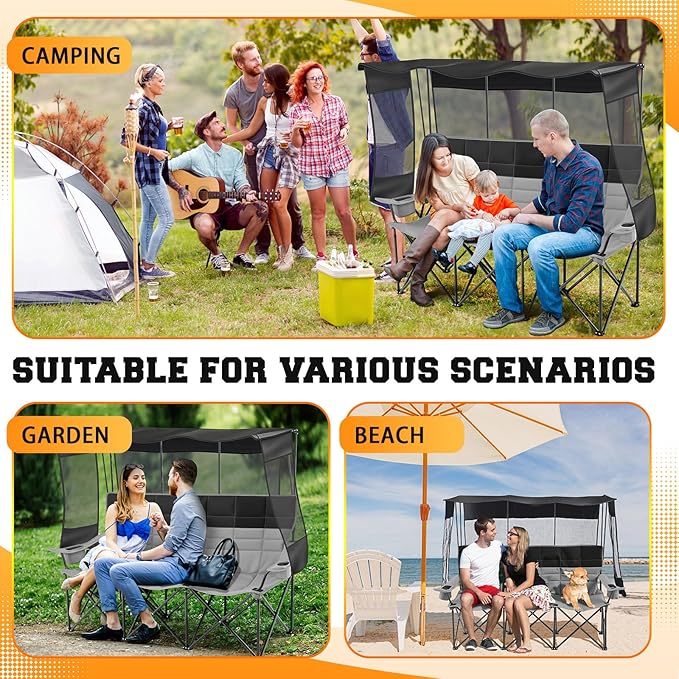 3 Person Camping Chair with Canopy Shade Fully Padded Folding Outdoor Oversized Camping Sofa for 2-3 Person, Heavy Duty Couch with Cup Holder and Carry Bag for Lawn Camp Fall Outdoor Activities