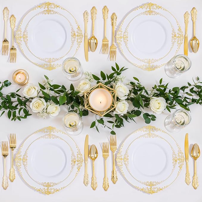 Nervure 100Pcs White and Gold Plastic Plates - 10.25Inch Gold Disposable Plates - Heavyweight Dinner Plate for Wedding & Party & Thanksgiving