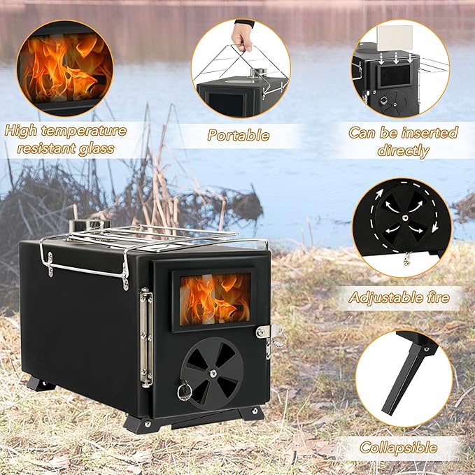 Portable Wood Burning Stove for Camping, Stainless Steel Chimney Pipe, Outdoor Heating & Cooking Hot Tent Stove for Hunting, Ice Fishing & Backpacking