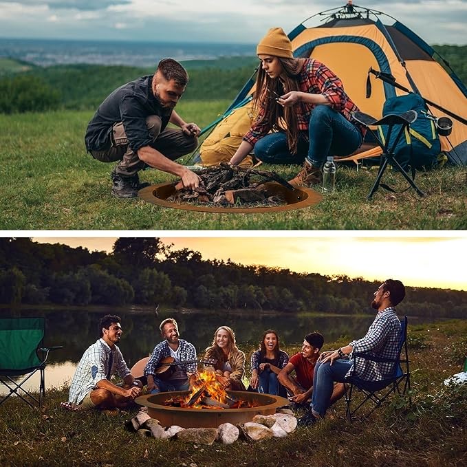 Fire Pit Ring Outdoor Wood Burning Fire Pit Liner 35.4 Inch Camping Fire Ring Corten Steel Firepit Ring Heavy Duty Campfire Ring Above or In-Ground for Bonfire Outdoor Backyard