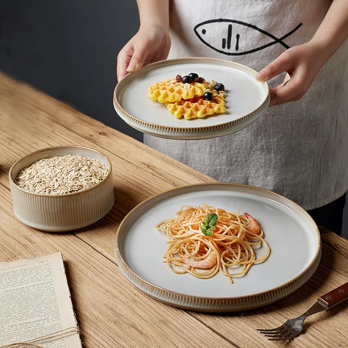 famiware Star Dinner Plates for 6, 10 inches Plate Set, Scratch Resistant, Stoneware Dinnerware, Kitchen Modern Rustic Serving Dishes, Cappuccino White