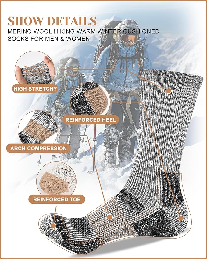 Merino Wool Thermal Socks for Men & Women, 3 Pairs Full Cushion Winter Boot Socks for Cold Weather Hiking Work