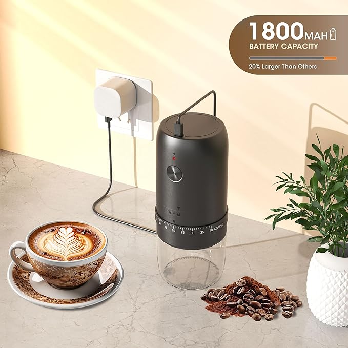 Portable Battery Powered Burr Coffee Grinder with 40 Adjustable Settings and 35g Capacity, 1800mAh Rechargeable Coffee Bean Grinder with Conical Ceramic Burr for Travel, Camping, Office, Espresso etc
