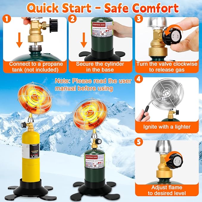 Portable Heater with Windproof USB lighter, Outdoor Space Propane Heater with Foldable Base Control Valve, Cordless Gas Tank Patio Heaters for Garage Camping Tent Hunting Fishing (Fuel Not Included)