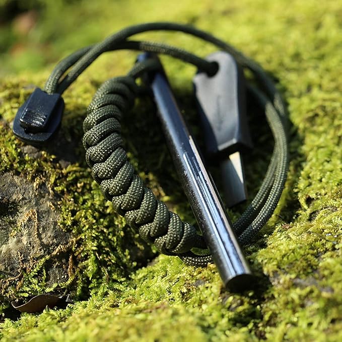 bayite 4 Inch Survival Ferrocerium Drilled Flint Fire Starter, Ferro Rod Kit with Paracord Landyard Handle and Striker, 4"(Long) x 3/8"(Diameter)