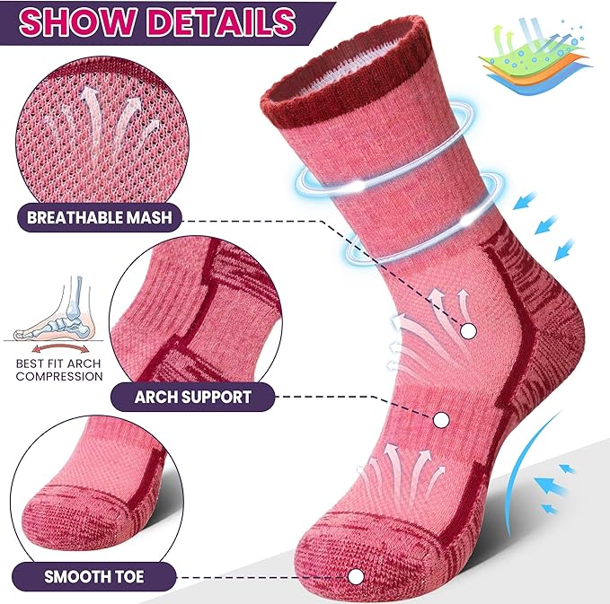 DoSmart Merino Wool Hiking Socks for Women Thermal Winter Warm Moisture Wicking Boot Work Cushion Gift Socks 5 Pairs