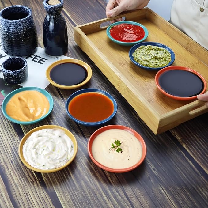 soy sauce dish 4 inch set of 8, small wheat straw plates 1.5oz for side dishes dishwasher safe, unbreakable plastic sauce dish for sushi,dishes,sauce...Colorful