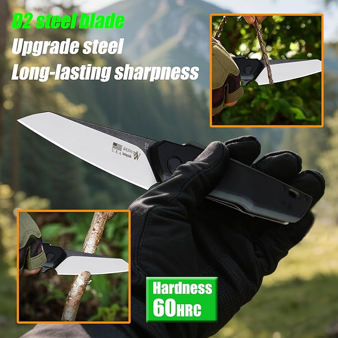 7.8in Folding Pocket Knife with D2 Steel Blade, G10 Handle, Ball Bearing Pivot, Stonewashed Finish – Outdoor EDC Utility Tool for Camping, Hiking, Survival Use(G10 - Black/Onyx Color)
