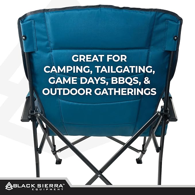 Black Sierra Oversize Camping Chair for Adults Supports 500 lbs, XL Heavy Duty Hard Arm Folding Chair, Steel Frame Durable Padded Outdoor Seat, Portable Fold Up Chair w/Cup Holder and Storage Bag