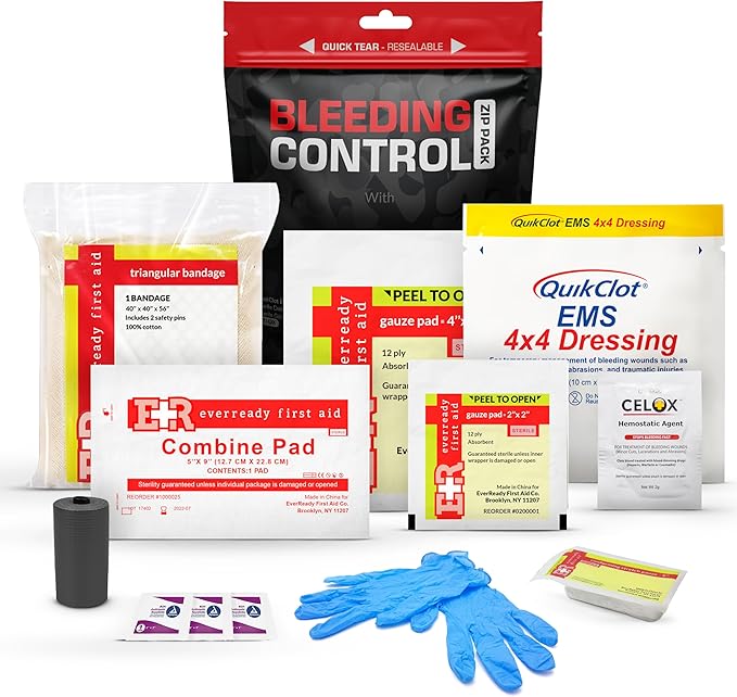 Bleeding Control Zip Pack with QuikClot, Celox, Gauze Pads, Triangular Bandage, BZK Wipes, Nitrile Gloves, Tape – Trauma First Aid Kit for Emergency Use