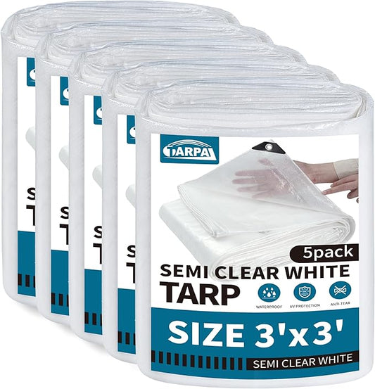 TARPAL 3'x3'(5pack) Semi Clear White Tarp Waterproof Green House Cover with Grommets 7.5mil Clear Poly tarps for Gardening,Farm, Garden,Chicken Coops,Outdoor
