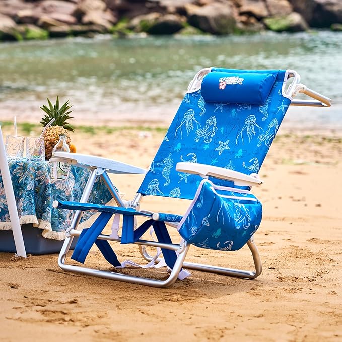 Reclining Beach Chair Backpack 5-Position Lay Flat Lounge Chair for Adults Heavy Duty Portable Folding Lightweight with Cooler Bag Camping Chair for Sand Outdoor