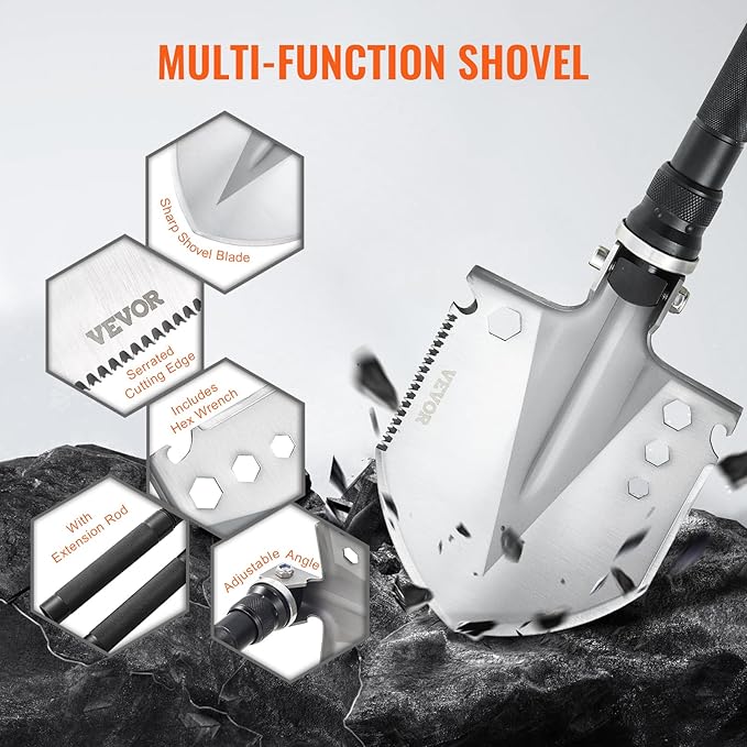 VEVOR Survival Shovel, 13 in 1 Camping Shovel Folding Multitool Kit, Portable and Compact, Stainless Steel, Multifunction for Off-Roading, Camping, Hiking, Outdoor, Survivalist and Emergency