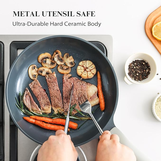 Nonstick Ceramic Frying Pan with Lid, Non Toxic Skillet, Healthy Egg & Omelet & Chef's Skillet, PTFE PFOA & PFAS Free, Induction Compatible. (10Inch W/L)