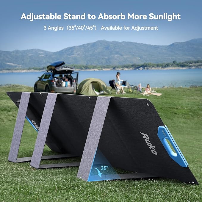 Ruko RK200 200W Portable Solar Panel, Foldable Monocrystalline Panel Charger with 23.5% Efficiency, Charging Expansion Box, IP67 Waterproof, Adjustable Kickstand for RVs, Camping, Blackout
