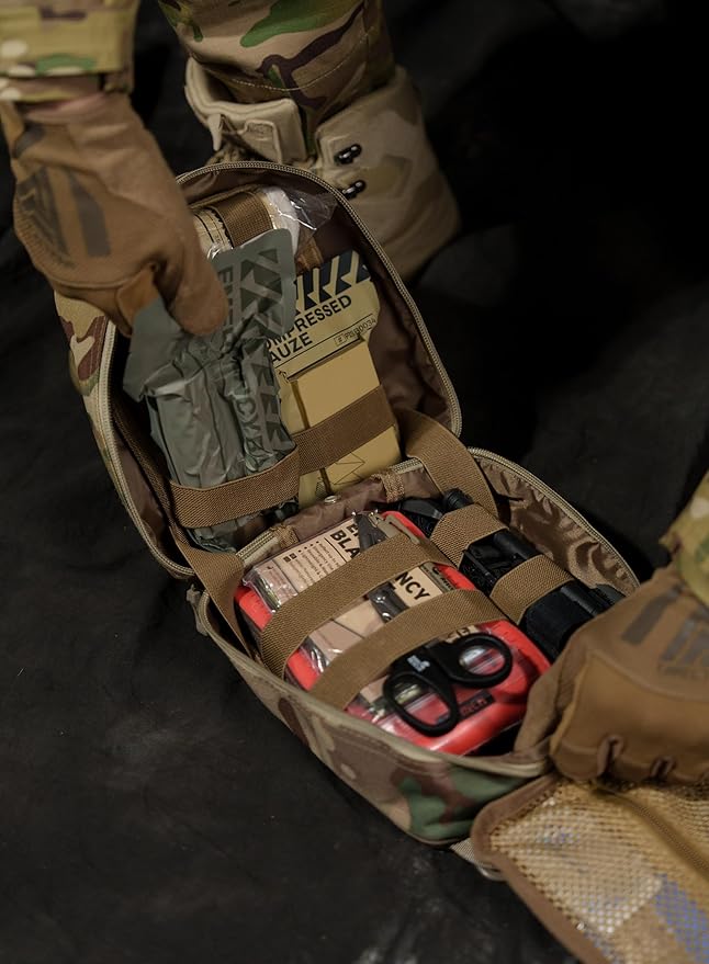 RHINO RESCUE IFAK Trauma Kit with Tourniquet for Wound Care, Tactical First Aid Kit Molle Pouch for Military, Combat, Car, Camping, Hiking, Travel (Coyote Brown)