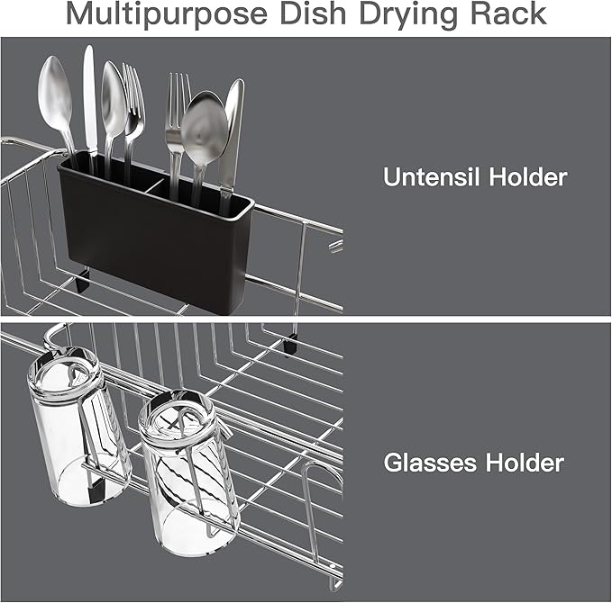 Over the Sink Expandable Dish Drainer Drying Rack In Stainless Steel for Small Kitchen, Counter Space Saving Modern Compact Metal Above Plate Dryer Strainer, Adjustable Hanging Inside Drain Holder