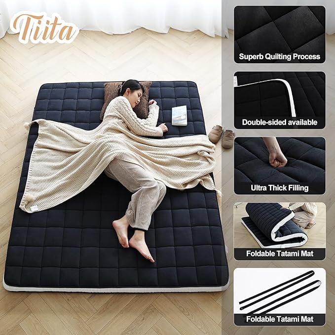Tiita Japanese Floor Mattress, 4” Thicken Futon Mattress with Storage Bag and 2 Straps, Twin Size Sleeping Tatami Mat for Adults,Black