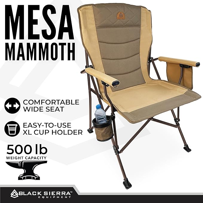 Black Sierra Oversize Camping Chair for Adults Supports 500 lbs, XL Heavy Duty Hard Arm Folding Chair, Steel Frame Durable Padded Outdoor Seat, Portable Fold Up Chair w/Cup Holder and Storage Bag