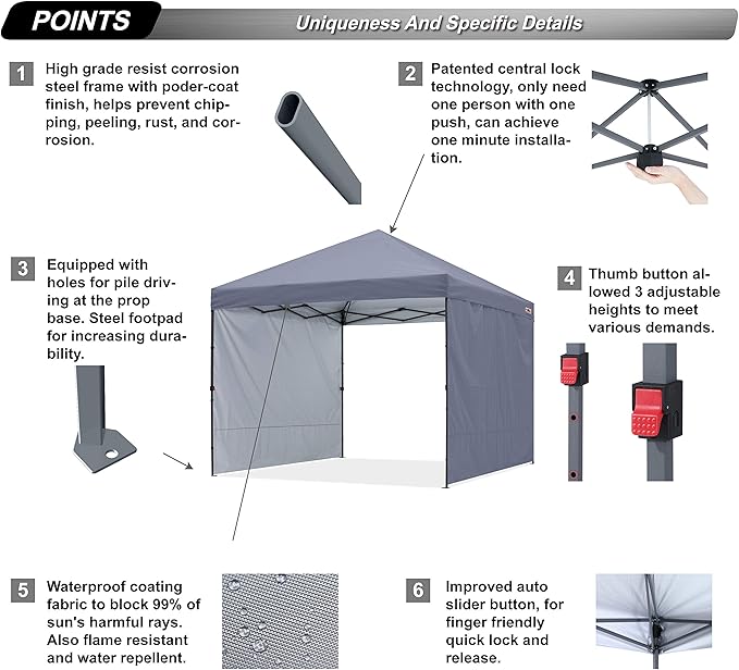 ABCCANOPY Easy Pop up Canopy Tent with 2 Sidewalls for Outdoor Sun Blocking or Rain Protection,8X8, Gray