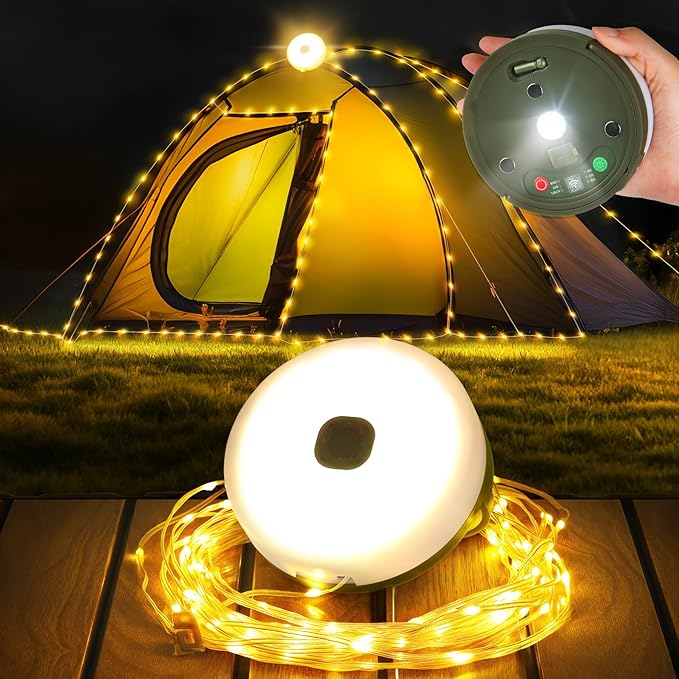 Retractable Camping String Lights, 33FT 3000 mAh Rechargeable 4 in 1 Tent Lights String with 9 Modes, Outdoor Portable Camper Lighting Waterproof, Camp Lamp for Party, Yard, Hiking Essentials