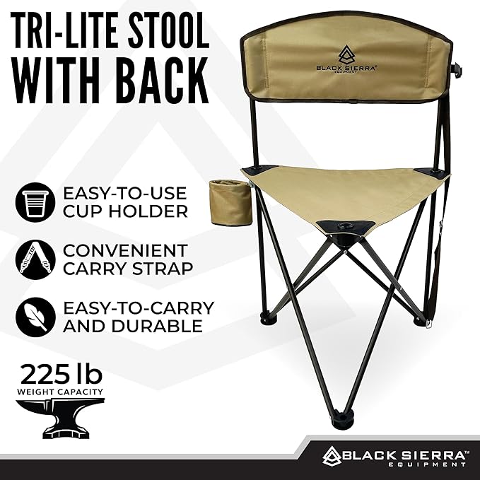 Black Sierra XL Tripod Hunting Stool w/Backrest, Lightweight Portable Fishing Chair w/Cupholder and Carry Strap, Supports 225 Lbs, Portable Outdoor Chair for Hunting, Camping, Travel, Hiking