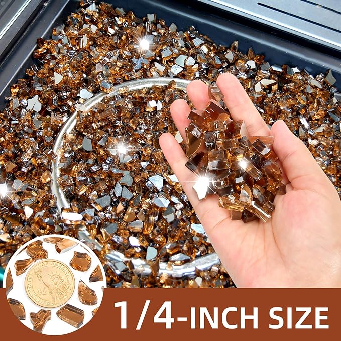 20 Pounds Fire Glass 1/4 Inch High Reflective Tempered Firepit Glass Rocks for Fireplace, Fire Pit Table, Fire Bowl and Landscaping (Amber)