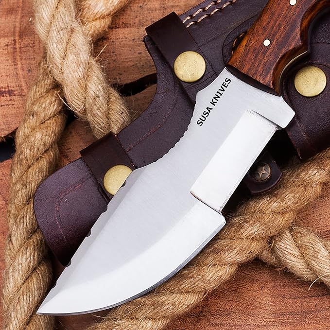 Handmade D2 Steel Tracker Knife with Micarta Handle and Rose Wood - Survival Camping Hunting Tactical Fixed Blade with Horizontal Carry Sheath