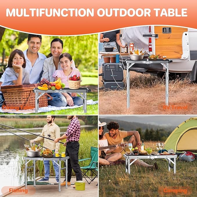 FUNYKICH 2ft Small Folding Camping Table(58x40cm), 3 Height Adjustable Portable Picnic Table, Lightweight Aluminum Outdoor Tables with Carry Handle for Camping, Picnic, Beach, Party, Silver
