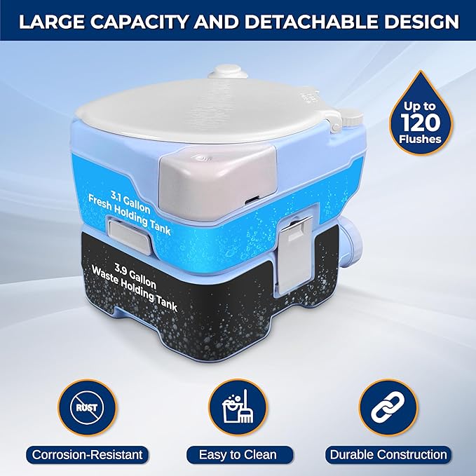 SereneLife 4 Gallon Portable Toilet with Extra Large Seat – Outdoor Camping Toilet with Flush, 3.2 Gallon Fresh Water Tank, Hand Sprayer, Funnel & Phone Holder for RV, Boat, Travel, Indoor/Outdoor Use