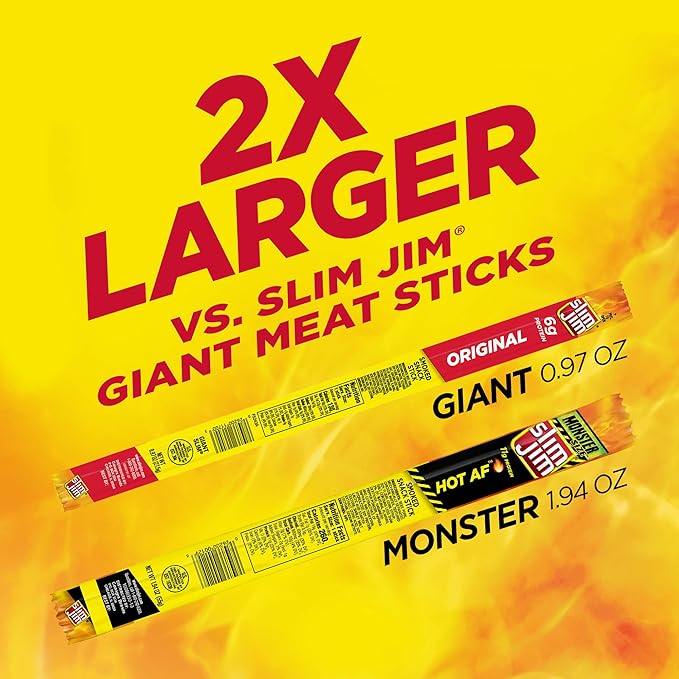 Slim Jim Monster Smoked Meat Sticks, Hot AF Flavor, High Protein, 1.94 oz. (18 Count)