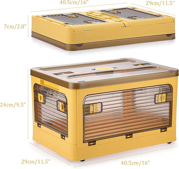 Folding Storage Bins, 28 Liters, 2 Pcs Yellow Plastic Storage Containers with Wheels, Four Doors, Foldable, Stackable, Plastic Box with Lids for Organization, Storage Cart