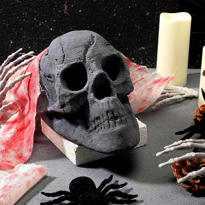 2 Pack Fire Pit Skulls 8.7 Inch Halloween Imitated Human Ceramic Firepit Head Fireproof Skulls Bonfire Accessories Fake Logs Halloween Decor for Gas Campfire Fireplace Wood Fires (Black)