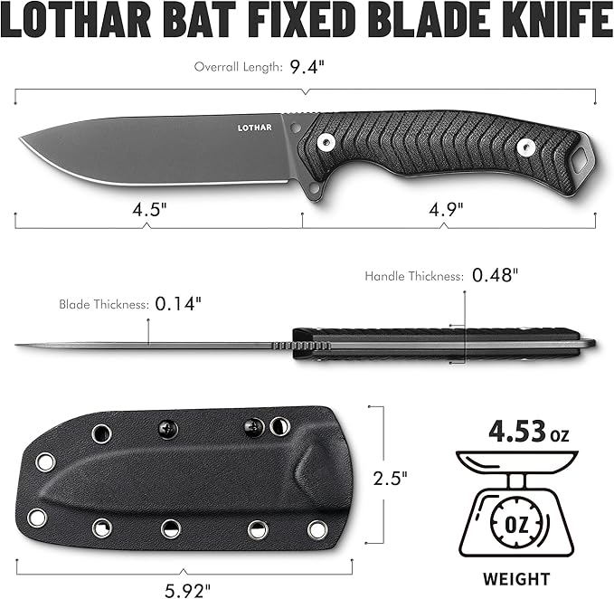 LOTHAR BAT Survival Knife, Full Tang D2 Steel Fixed Blade Knife with G10 Handle, Tactical Hunting Horizontal Carry Knives with Kydex Sheath, Bushcraft Camping Knives, Gifts For Men