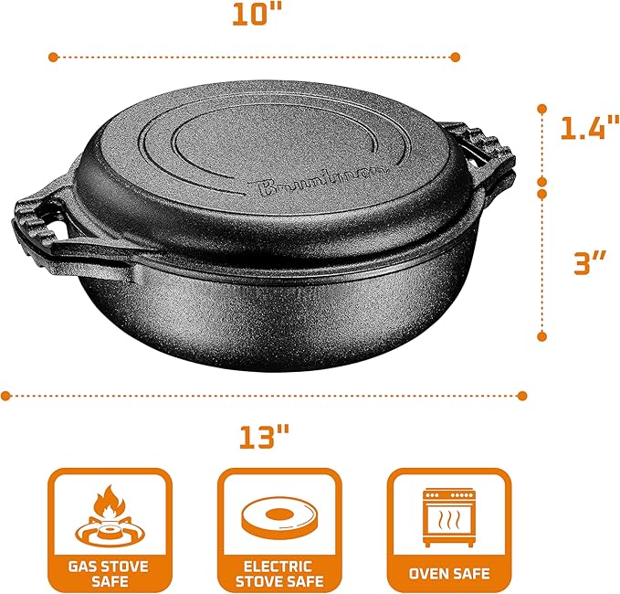 2-in-1 Enameled Cast Iron Cocotte Double Braiser Pan with Grill Lid 3.3 Quarts - Barbecue Grill Non Stick Frying Pan - Casserole Cookware Wide Handle (Grey)