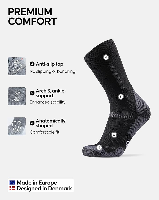 DANISH ENDURANCE Merino Wool Hiking Crew Socks for Men & Women, Cushioned Anti-Blister, Breathable - 3 Pairs