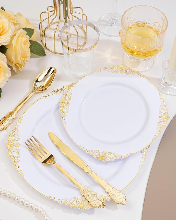 Nervure 100Pcs White and Gold Plastic Plates - 10.25Inch Gold Disposable Plates - Heavyweight Dinner Plate for Wedding & Party & Thanksgiving