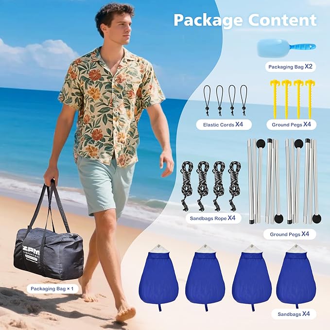 2PM SPORTS Beach Tent Canopy with UPF50+ UV Protection, Outdoor Large Beach Sun Shade Shelter for Family Picnic Camping Travel Shore Fishing, 8 Sandbags, Sand Shovel (Areca Palm, 8x8 FT)