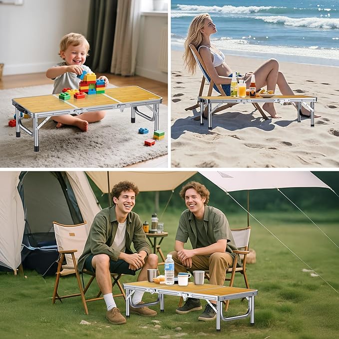 3ft Low Folding Picnic Table, Thicker Aluminum Small Camping Table with Storage Bag, Portable Handle, Lightweight, for Camping Beach Party Picnic Floor, 34.2" x 15.7" x 10.3", Yellow