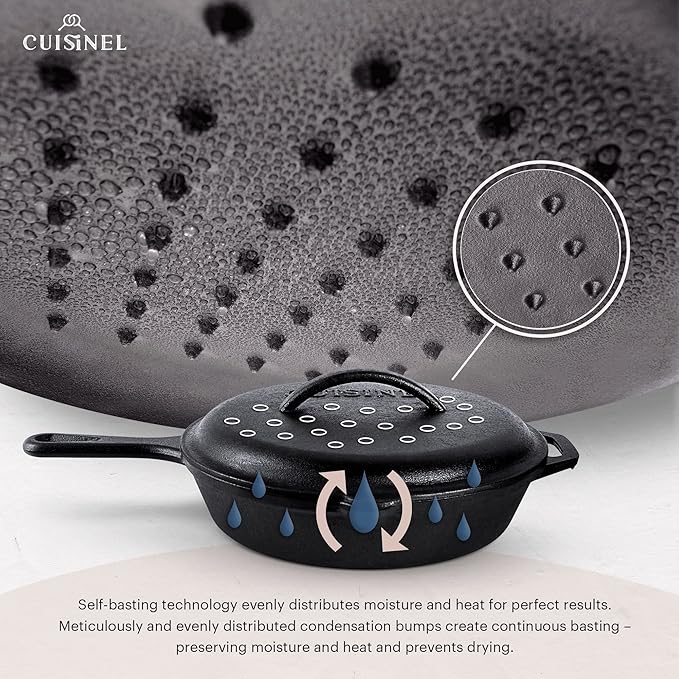 Cast Iron Skillet Set with Lids - 10"+12"-inch Pre-Seasoned Covered Frying Pan Set + Silicone Handle and Lid Holders + Scraper/Cleaner - Use Indoor/Outdoor, Oven, Stovetop, Fire, BBQ Kitchen Cookware