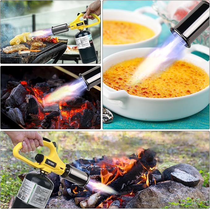 TBTEEK Powerful Propane Torch Head, Sous Vide Grill Cooking Torch With Adjustable Flame, Safety Lock Charcoal Torch Lighter for BBQ, Searing Steak, Creme Brulee, Campfire (Tank Not Included)
