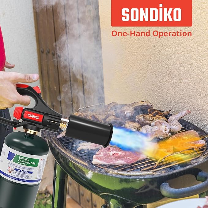 Sondiko Cooking Propane Torch Head Kitchen Torch, Outdoor Campfire Torch with Safety Lock and Adjustable Flame for BBQ Searing Steak, Creme Brulee (Tank Not Included)