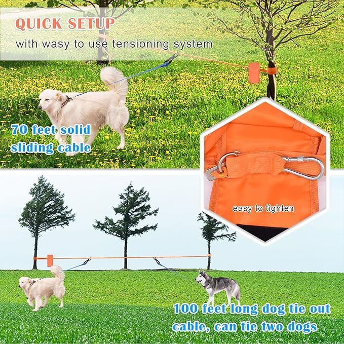 Upgraded Dog Tie Out Cable for Camping, 100FT Portable Trolley System for 2 Dogs, Knot-a-Hitch Dogs Hitching System up to 250lbs, Dog Runner for Yard Camping Training Running Hiking Outdoor