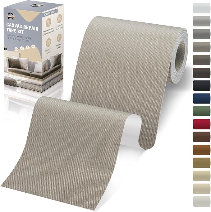OAZ 4 x 79 inch Canvas Repair Patches Canvas Fabric Patch Self-Adhesive Canvas Repair Tape Waterproof Outdoor Gear Repair Patch Kit for Boat Cover Awning Sofa Chair Couch Tent Bag (Ivory Gray)